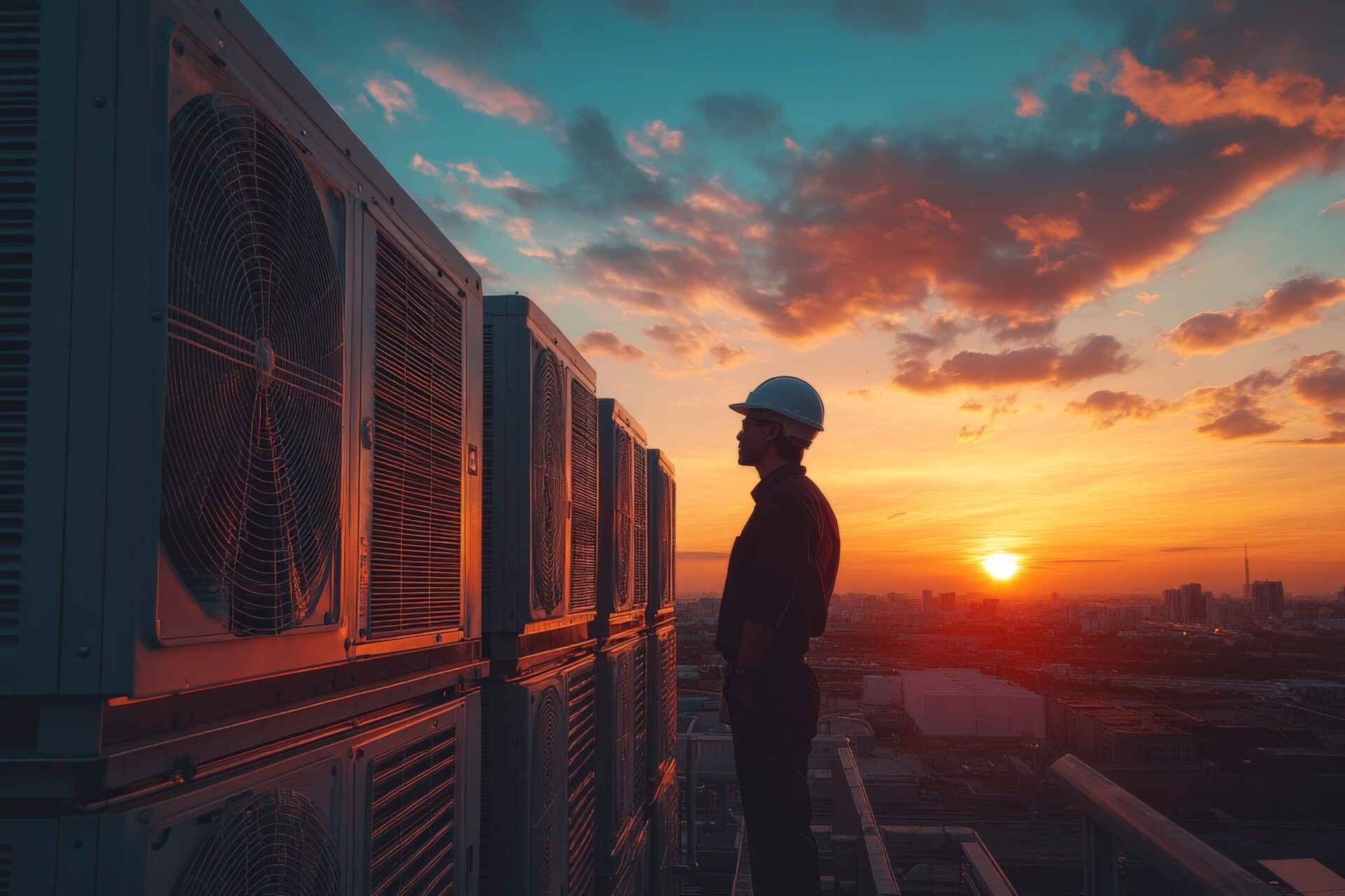 Worker stands on rooftop at sunset overlooking city skyline with air conditioning units