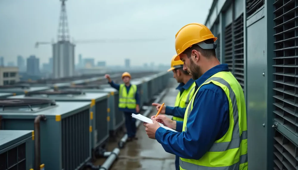 Team of engineers inspect rooftop HVAC units on a cloudy day. Workers check equipment and building systems. They wear hard hats and safety vests, while reviewing plans on a clipboard.