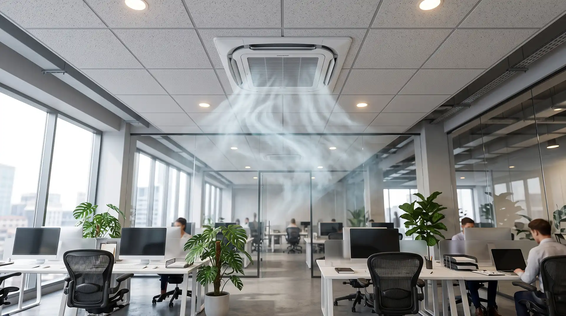Ceiling mounted air conditioning cassette unit actively cooling professional office environment with team of colleagues working at workstations