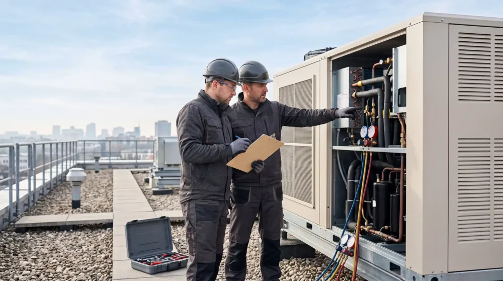 Two HVAC technicians assess a rooftop cooling upgrade for facility management, workforce recruitment, and climate compliance communications at a commercial property.
