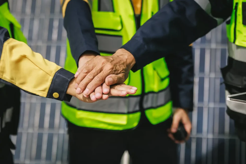 Close-up of diverse construction workers stacking hands in a teamwork gesture, wearing high visibility safety vests outdoors near solar panels.