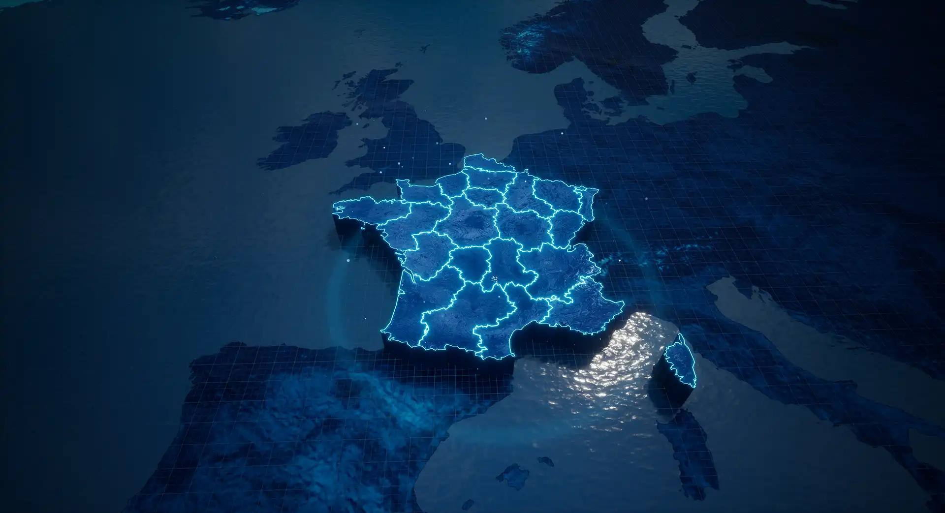 Abstract geometric futuristic concept 3d Map of France with borders as scribble, blue neon style. 3d rendering
